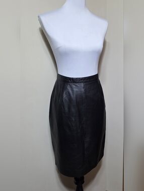Classic Black Leather Pencil Skirt Sue Brett Vintage Size 12